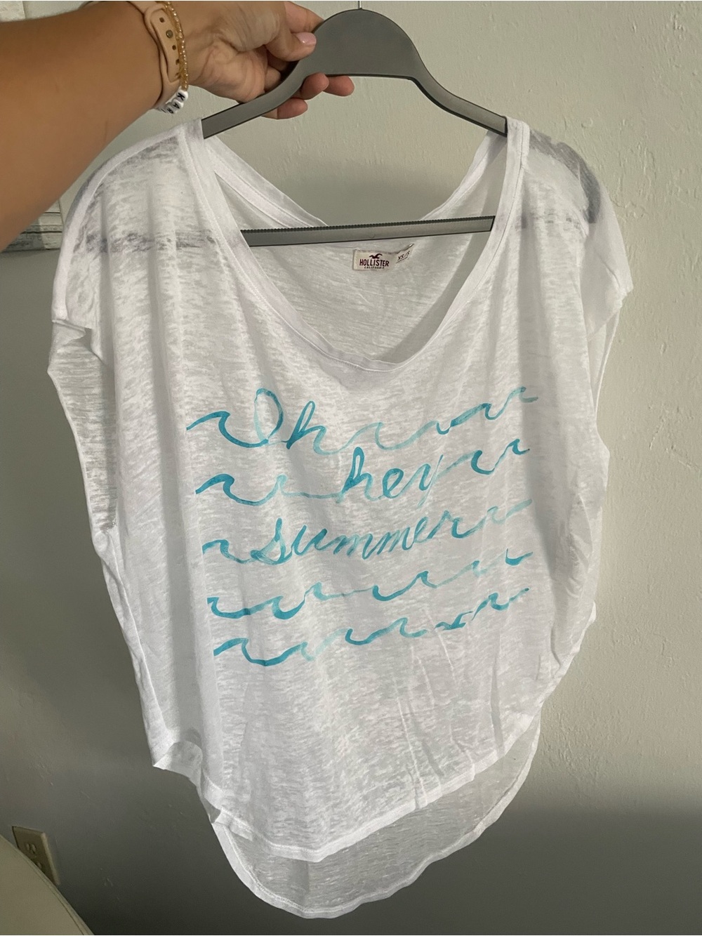 Hollister White V-Neck Tee with Aqua Wave Script